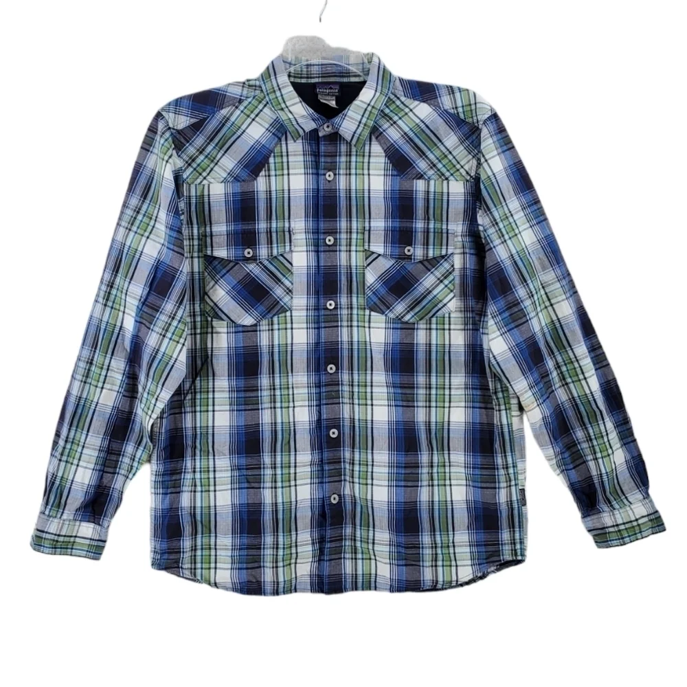 Patagonia Shirt Plaid Organic Cotton Green Blue White Button Up Mens M - Picture 12 of 13
